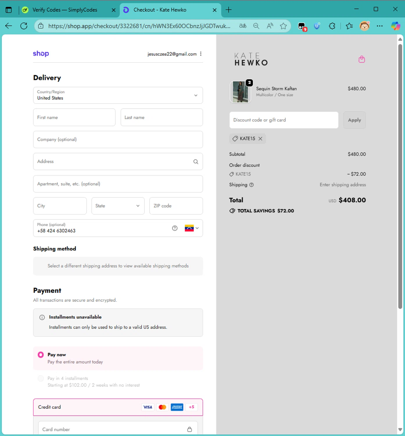 Kate Hewko discount code screenshot showing code Kate15 applied at Kate Hewko checkout page. Uploaded by SimplyCodes community member DonutPunks on Sep 21, 2025