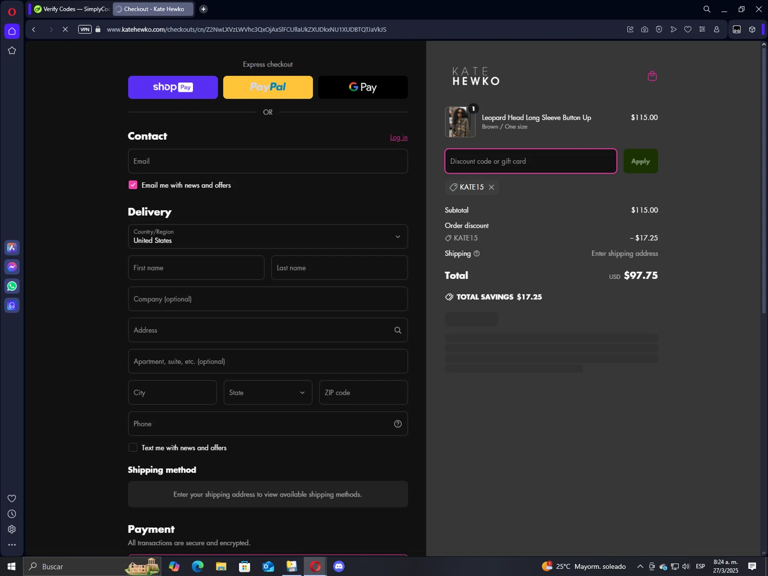Kate Hewko discount code screenshot showing code Kate15 applied at Kate Hewko checkout page. Uploaded by SimplyCodes community member GrimmKing on Mar 27, 2025