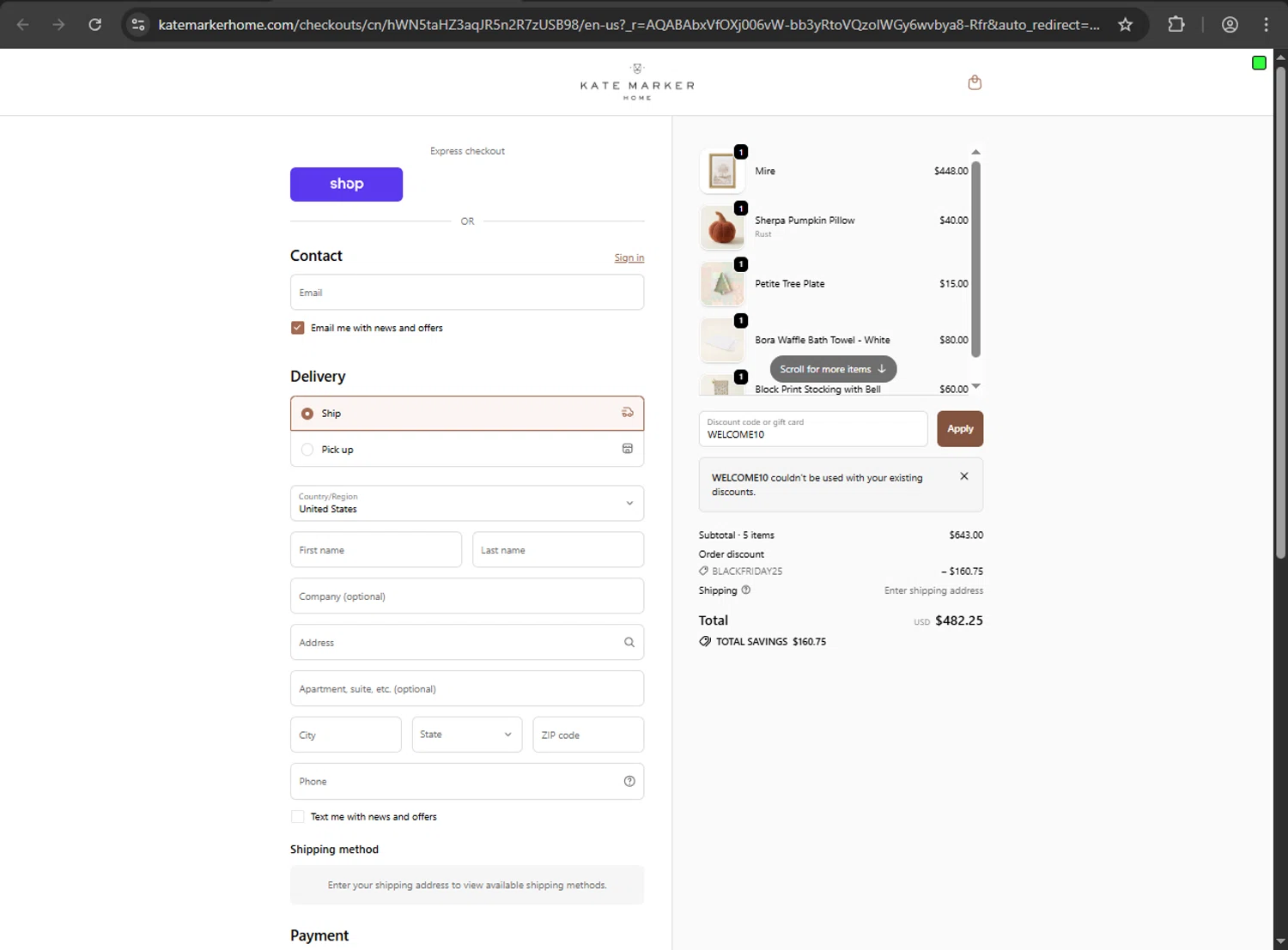 Kate Marker Home promo code screenshot showing code WELCOME10 applied at Kate Marker Home checkout page. Uploaded by SimplyCodes community member artritis on Nov 30, 2025