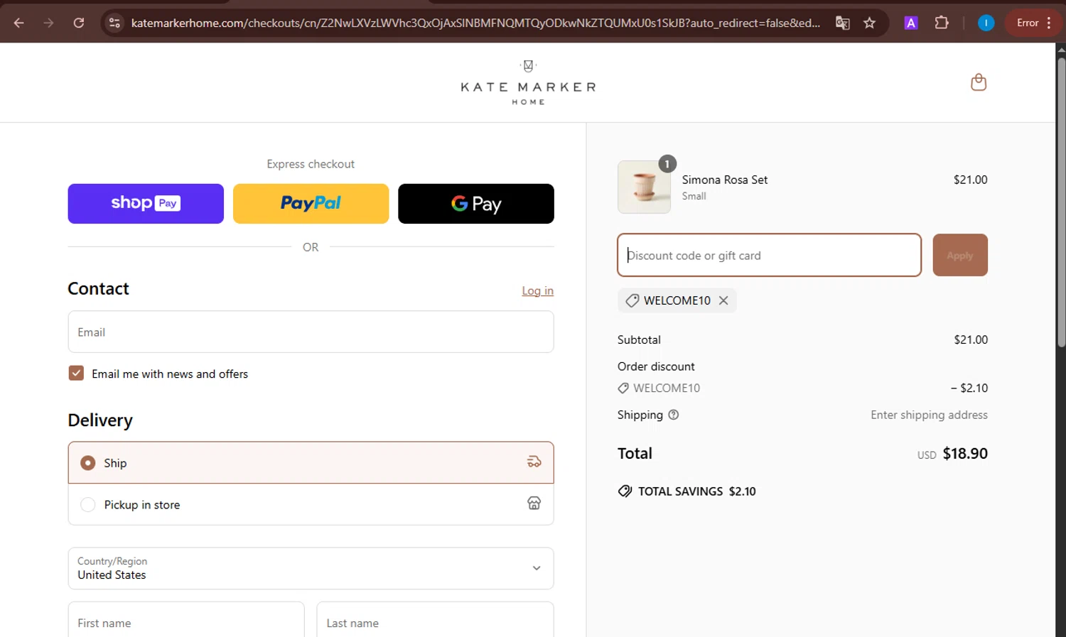 Kate Marker Home promo code screenshot showing code WELCOME10 applied at Kate Marker Home checkout page. Uploaded by SimplyCodes community member TreasureScout5082 on Apr 20, 2025
