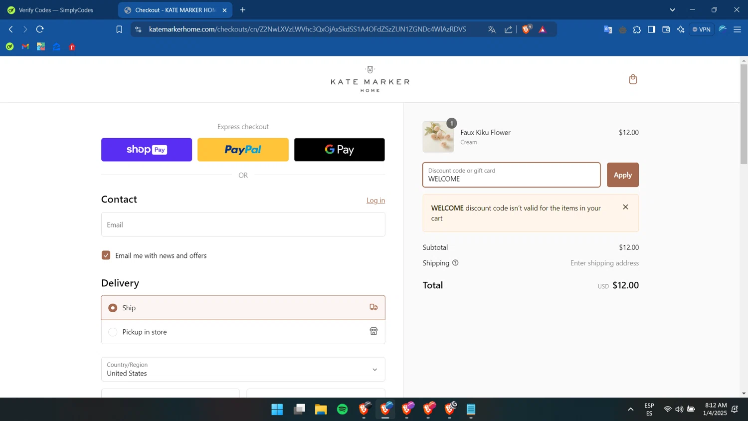 Kate Marker Home promo code screenshot showing code WELCOME applied at Kate Marker Home checkout page. Uploaded by SimplyCodes community member goroeditor on Jan 4, 2025