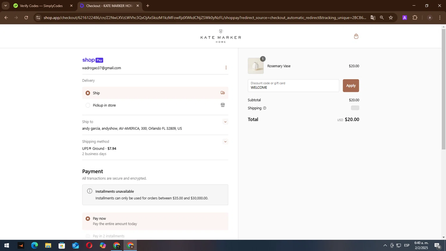 Kate Marker Home promo code screenshot showing code WELCOME applied at Kate Marker Home checkout page. Uploaded by SimplyCodes community member lisandro on Feb 2, 2025