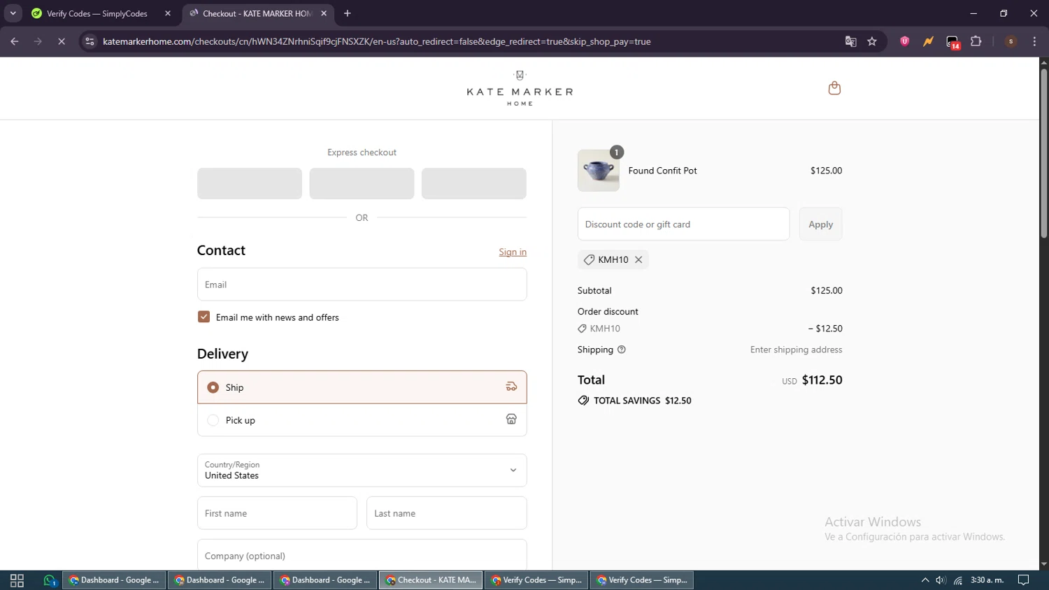 Kate Marker Home promo code screenshot showing code KMH10 applied at Kate Marker Home checkout page. Uploaded by SimplyCodes community member GoldSentinel1426 on Sep 17, 2025