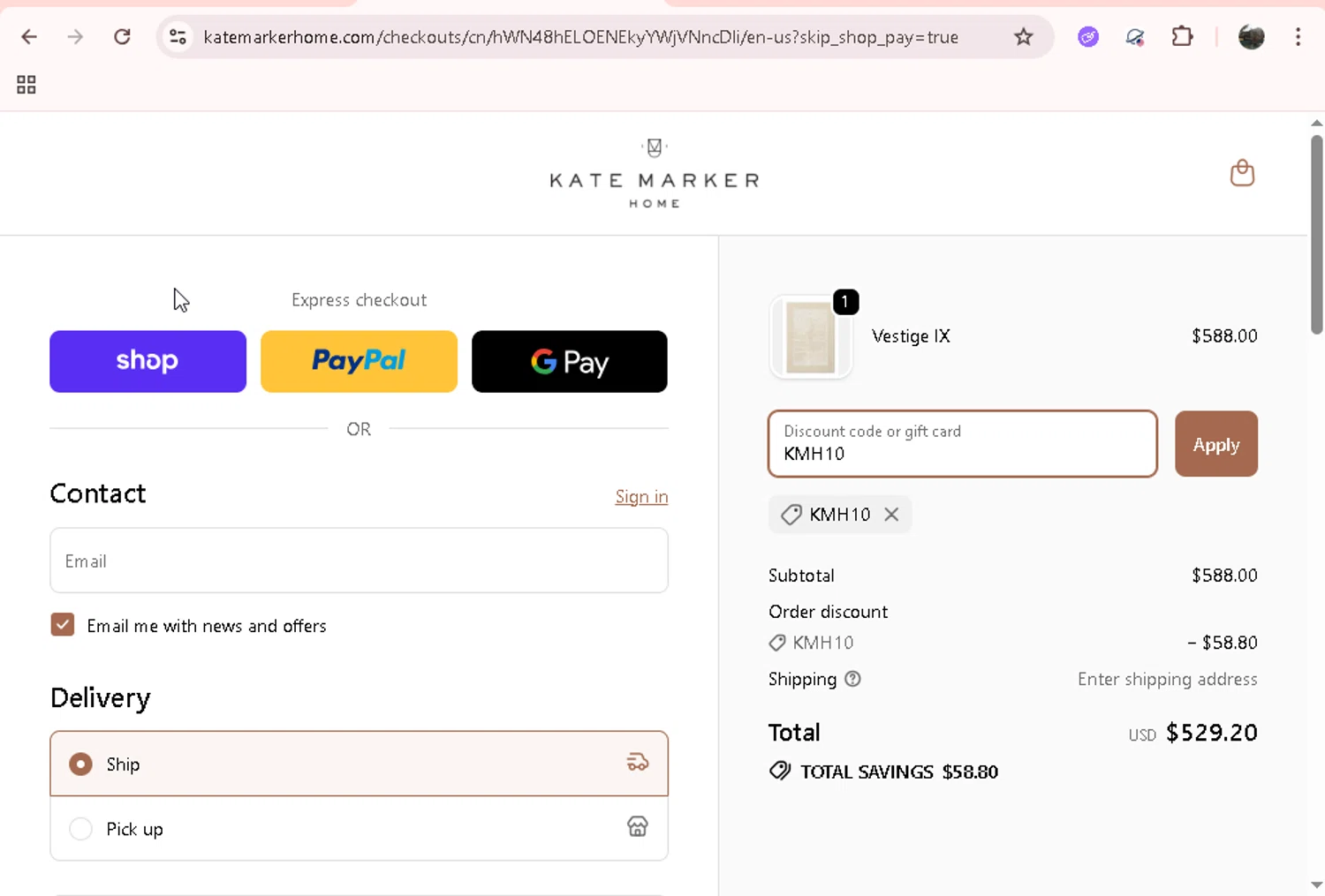 Kate Marker Home promo code screenshot showing code KMH10 applied at Kate Marker Home checkout page. Uploaded by SimplyCodes community member onebullet on Oct 15, 2025