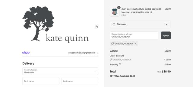 Kate Quinn checkout page showing Kate Quinn discount code box | Screenshot taken by SimplyCodes community member on Sep 14, 2025