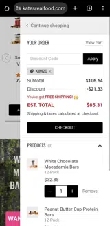 Kate's Real Food coupon verification screenshot