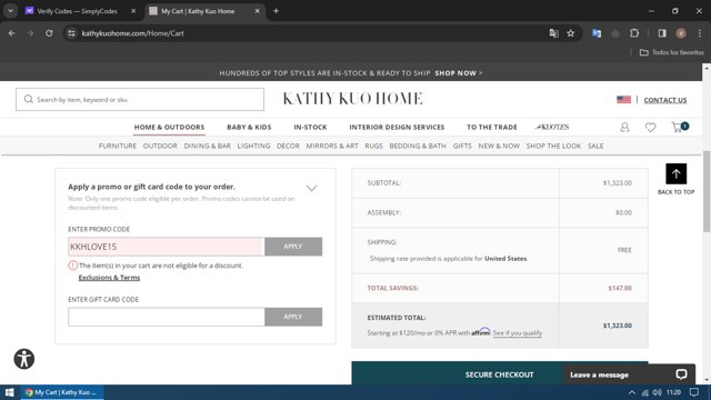 Kathy Kuo Home checkout page showing Kathy Kuo Home promo code box | Screenshot taken by SimplyCodes community member on Feb 12, 2024