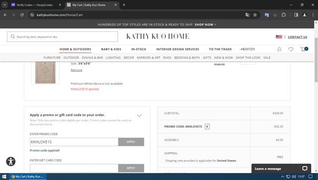 Kathy Kuo Home checkout page showing Kathy Kuo Home promo code box | Screenshot taken by SimplyCodes community member on Mar 12, 2024