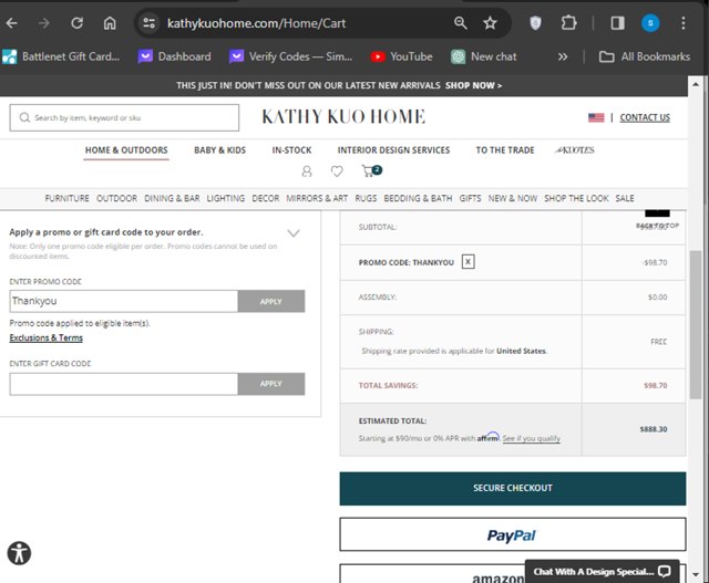 Kathy Kuo Home checkout page showing Kathy Kuo Home promo code box | Screenshot taken by SimplyCodes community member on Feb 14, 2024