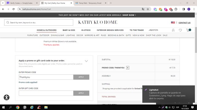 Kathy Kuo Home checkout page showing Kathy Kuo Home promo code box | Screenshot taken by SimplyCodes community member on Mar 14, 2024