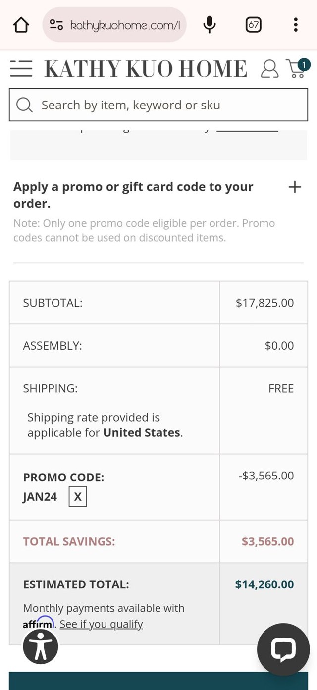 Kathy Kuo Home checkout page showing Kathy Kuo Home promo code box | Screenshot taken by SimplyCodes community member on Jan 29, 2024