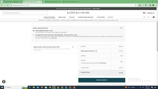 Kathy Kuo Home checkout page showing Kathy Kuo Home promo code box | Screenshot taken by SimplyCodes community member on Mar 29, 2024