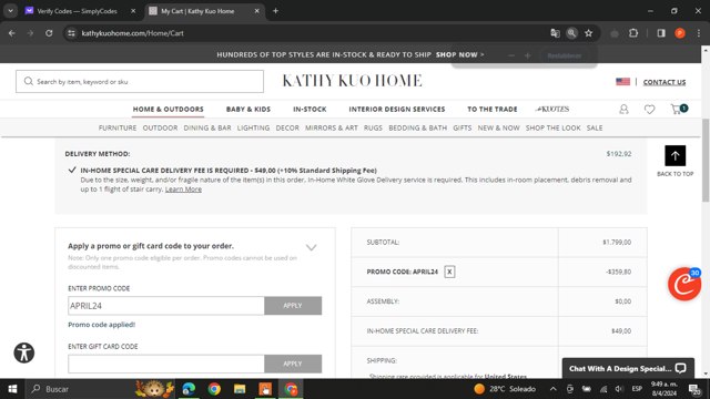 Kathy Kuo Home checkout page showing Kathy Kuo Home promo code box | Screenshot taken by SimplyCodes community member on Apr 8, 2024