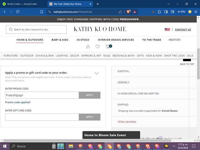 Kathy Kuo Home checkout page showing Kathy Kuo Home promo code box | Screenshot taken by SimplyCodes community member on Apr 22, 2024