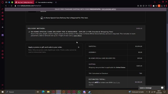Kathy Kuo Home checkout page showing Kathy Kuo Home promo code box | Screenshot taken by SimplyCodes community member on Apr 22, 2025
