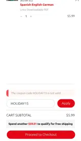 HOLIDAY15 coupon verification screenshot