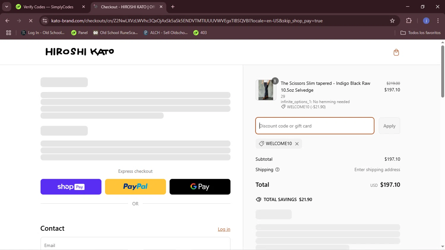 HIROSHI KATO discount code screenshot showing code WELCOME10 applied at HIROSHI KATO checkout page. Uploaded by SimplyCodes community member CouponOwl5049 on Mar 10, 2025