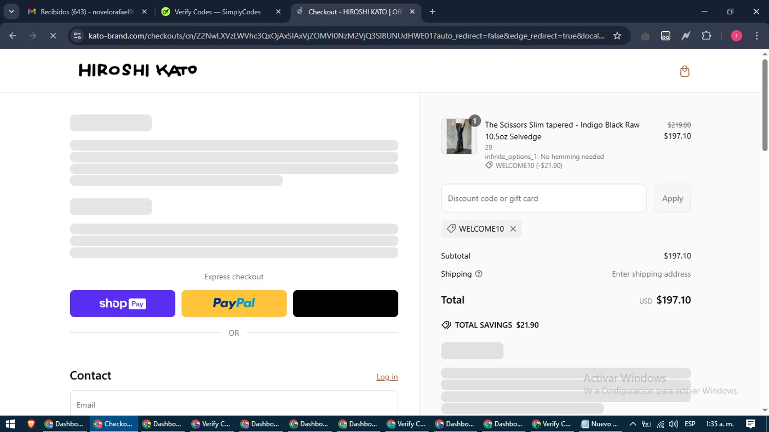 HIROSHI KATO discount code screenshot showing code WELCOME10 applied at HIROSHI KATO checkout page. Uploaded by SimplyCodes community member WisePro3739 on Mar 11, 2025