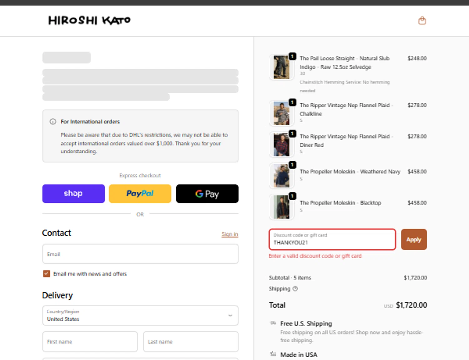HIROSHI KATO discount code screenshot showing code THANKYOU21 applied at HIROSHI KATO checkout page. Uploaded by SimplyCodes community member danielgonzalez5 on Feb 20, 2026