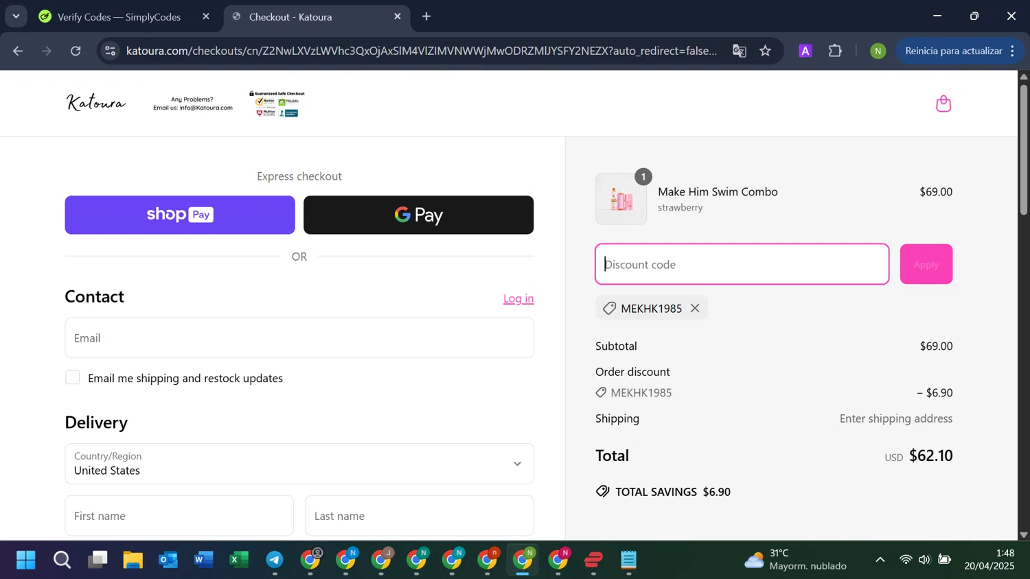 Katoura discount code screenshot showing code MEKHK1985 applied at Katoura checkout page. Uploaded by SimplyCodes community member LuckyKnight4806 on Apr 20, 2025