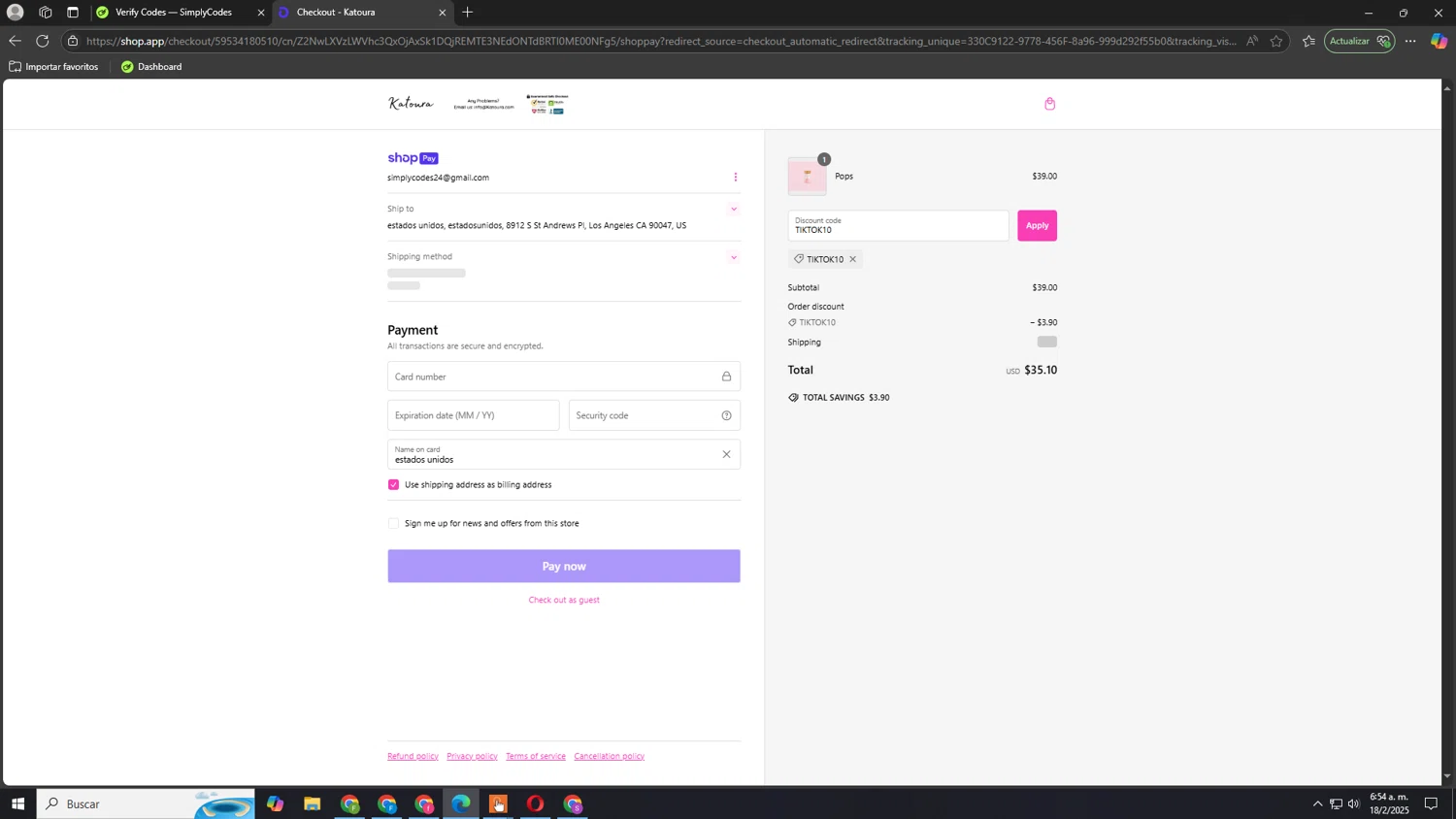 Katoura discount code screenshot showing code TIKTOK10 applied at Katoura checkout page. Uploaded by SimplyCodes community member Akatsuki on Feb 18, 2025