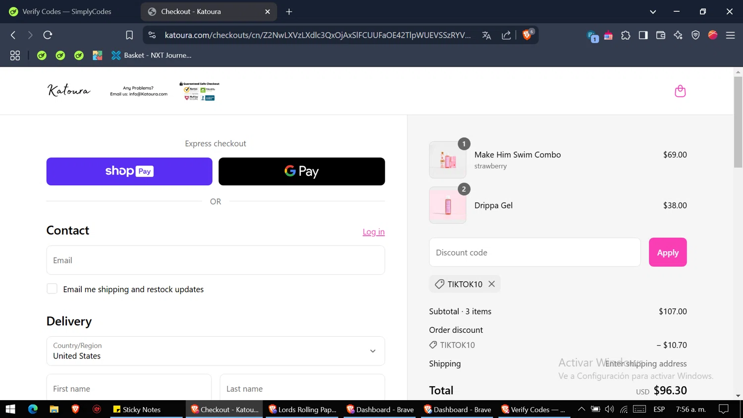 Katoura discount code screenshot showing code TIKTOK10 applied at Katoura checkout page. Uploaded by SimplyCodes community member WiseMaven8415 on Mar 27, 2025