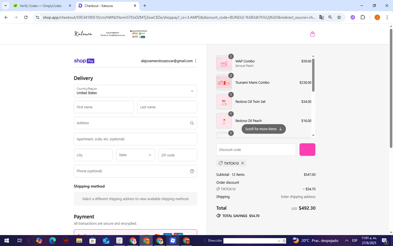 Katoura discount code screenshot showing code TIKTOK10 applied at Katoura checkout page. Uploaded by SimplyCodes community member TheCreature on Aug 27, 2025