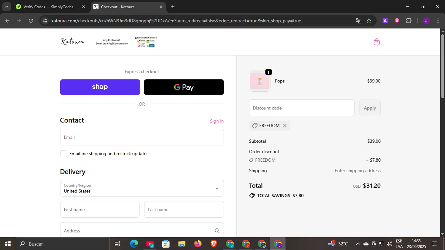 Katoura discount code screenshot showing code FREEDOM applied at Katoura checkout page. Uploaded by SimplyCodes community member DiscountLegend6670 on Sep 23, 2025