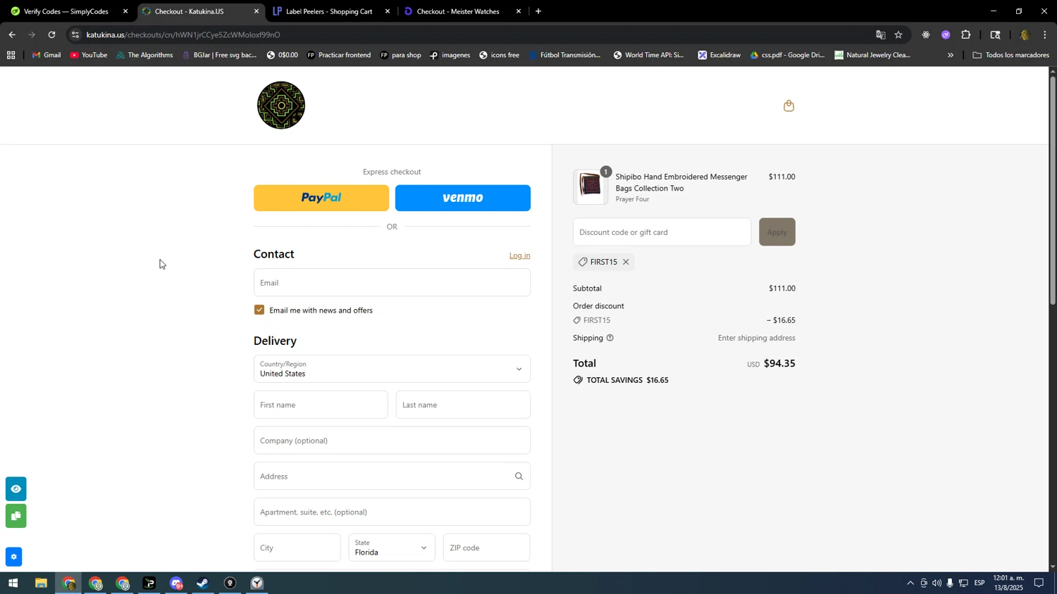 Katukina.us promo code screenshot showing code FIRST15 applied at Katukina.us checkout page. Uploaded by SimplyCodes community member kakakakakka on Aug 13, 2025