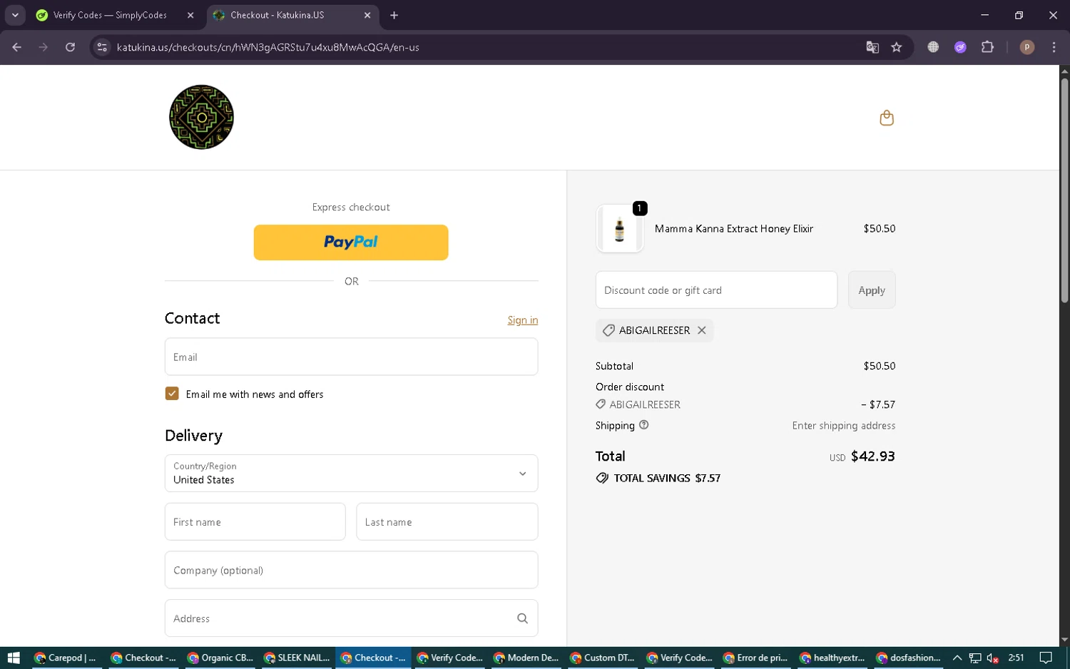 Katukina.us promo code screenshot showing code ABIGAILREESER applied at Katukina.us checkout page. Uploaded by SimplyCodes community member RoyalSleuth6331 on Oct 3, 2025