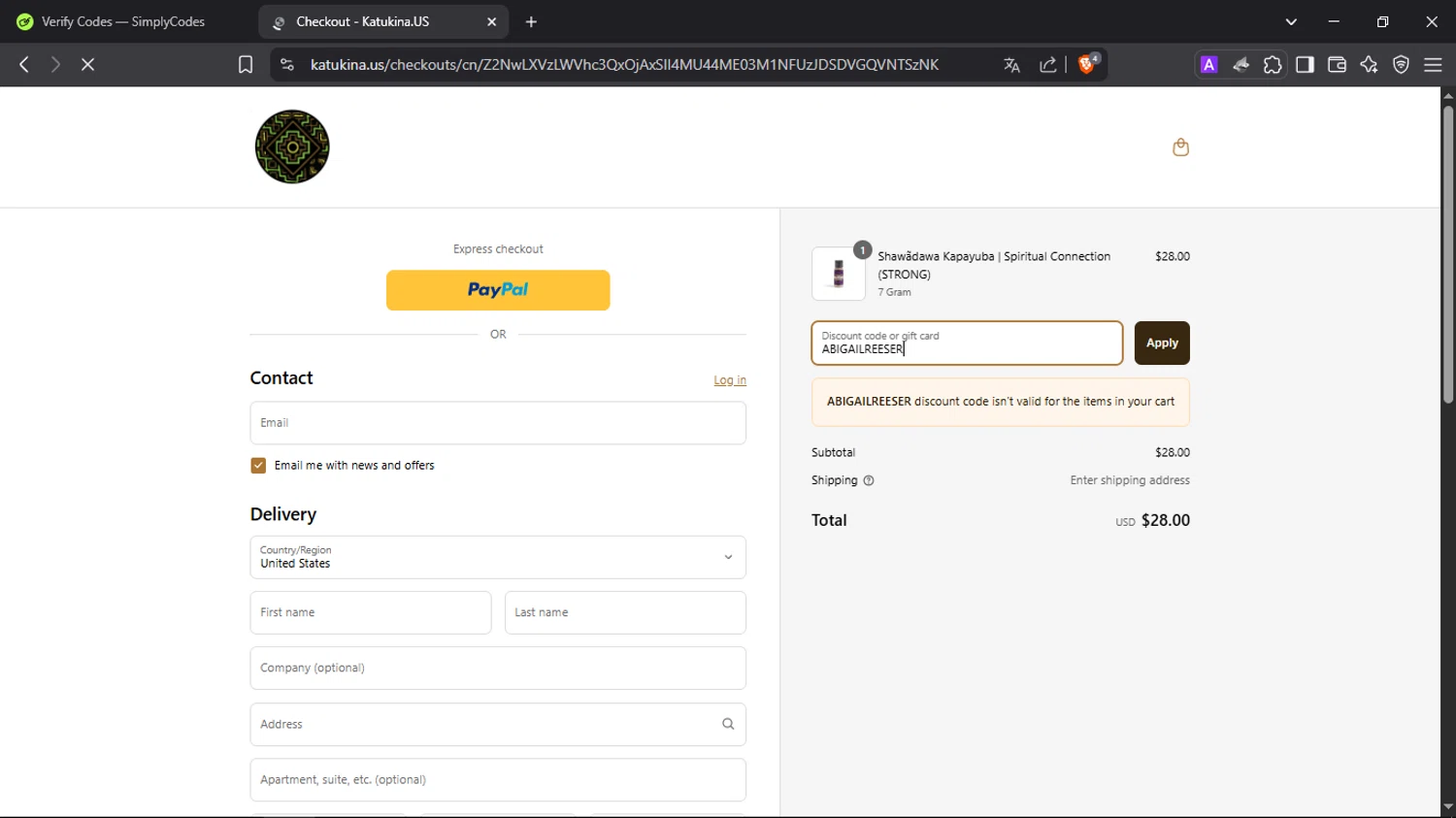 Katukina.us promo code screenshot showing code ABIGAILREESER applied at Katukina.us checkout page. Uploaded by SimplyCodes community member SmartScholar9589 on Apr 7, 2025