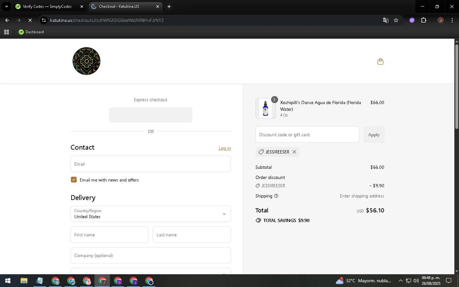 Katukina.us promo code screenshot showing code JESSIREESER applied at Katukina.us checkout page. Uploaded by SimplyCodes community member QuestChaser7811 on Aug 26, 2025