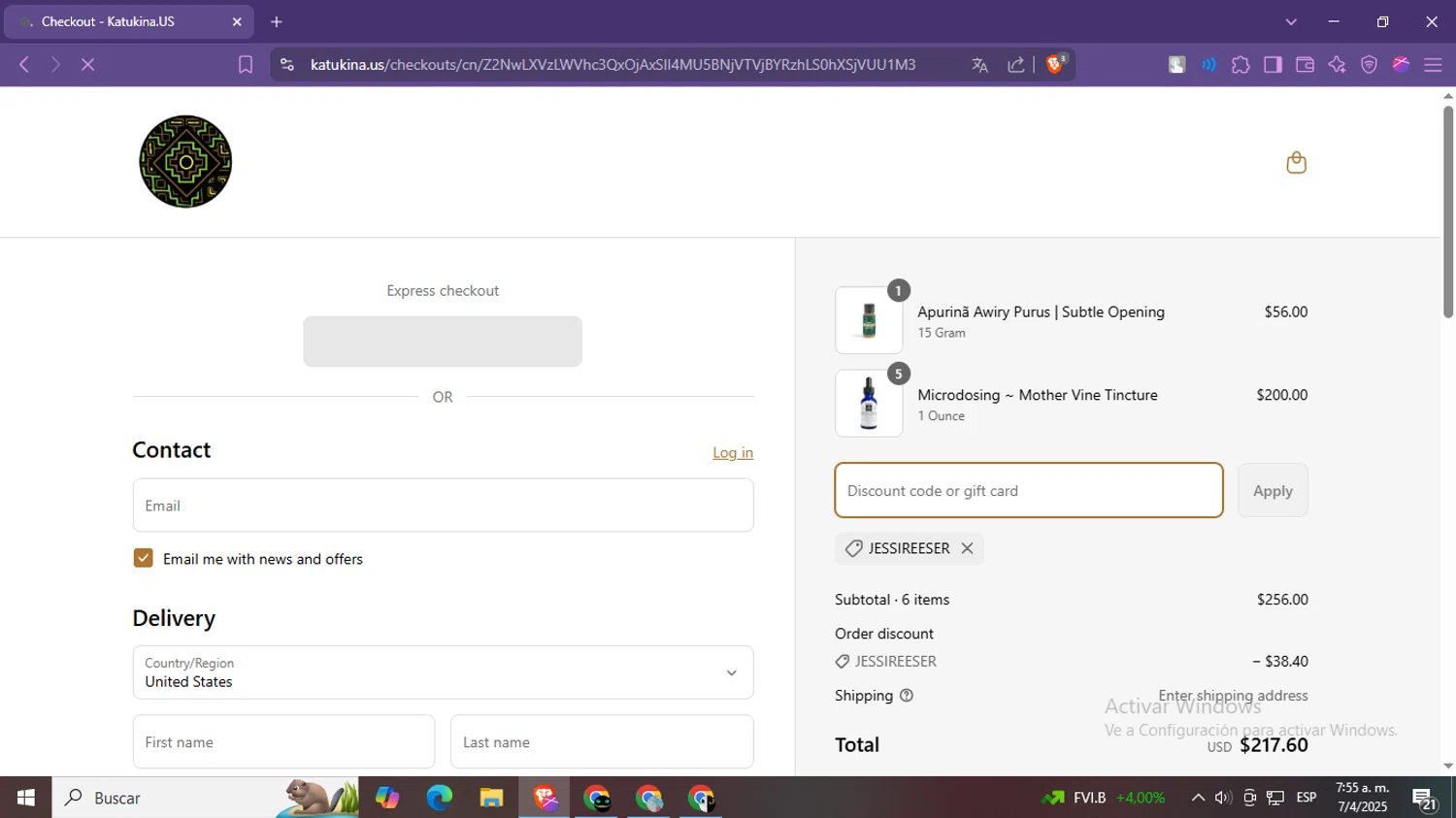 Katukina.us promo code screenshot showing code JESSIREESER applied at Katukina.us checkout page. Uploaded by SimplyCodes community member LegendaryPro7106 on Apr 7, 2025