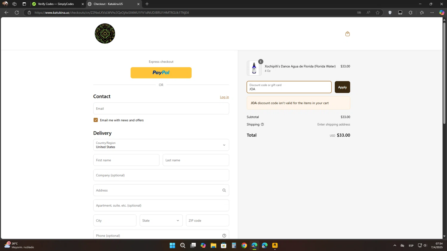 Katukina.us promo code screenshot showing code JOA applied at Katukina.us checkout page. Uploaded by SimplyCodes community member Flores on Apr 7, 2025