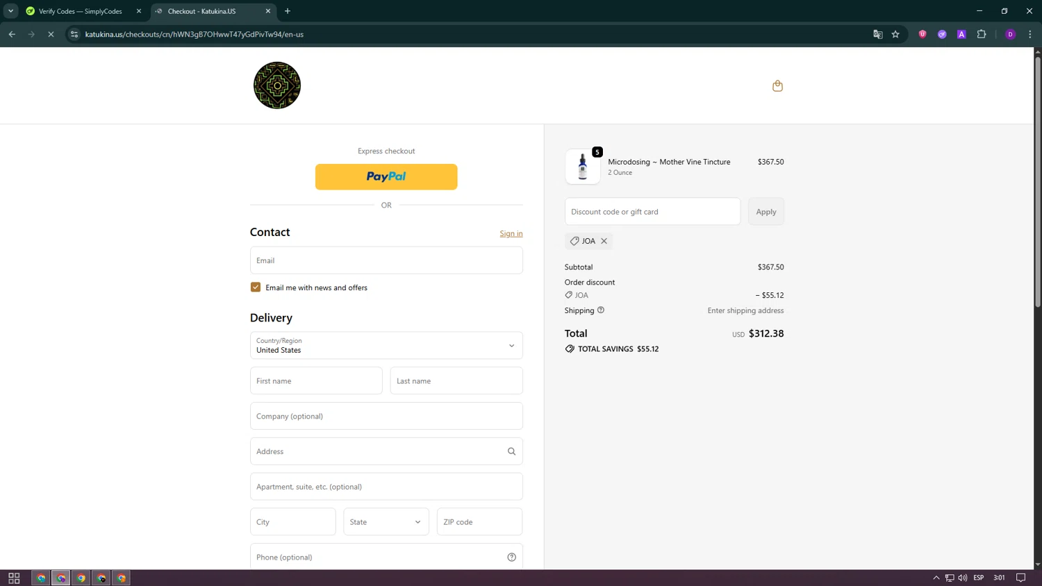 Katukina.us promo code screenshot showing code JOA applied at Katukina.us checkout page. Uploaded by SimplyCodes community member ValueWhiz5630 on Oct 3, 2025