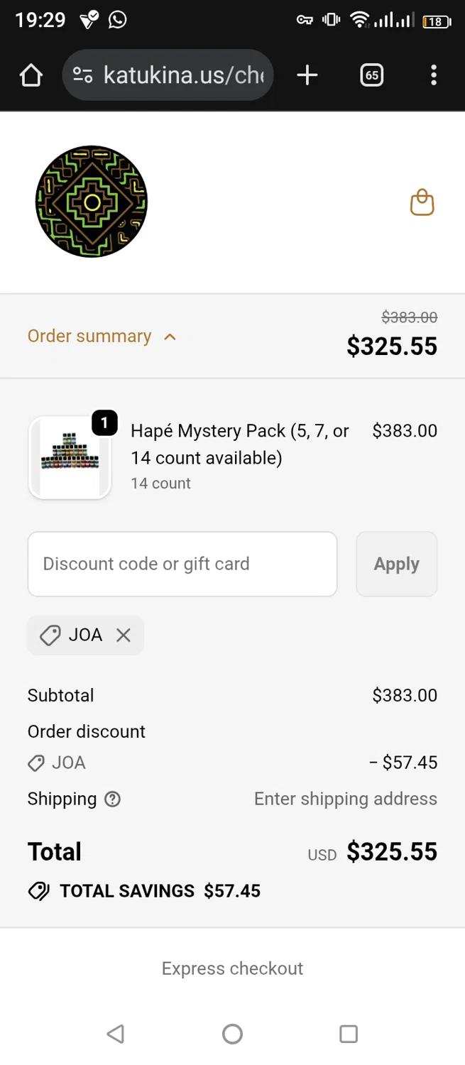 Katukina.us promo code screenshot showing code JOA applied at Katukina.us checkout page. Uploaded by SimplyCodes community member jimmytheis on Oct 10, 2025