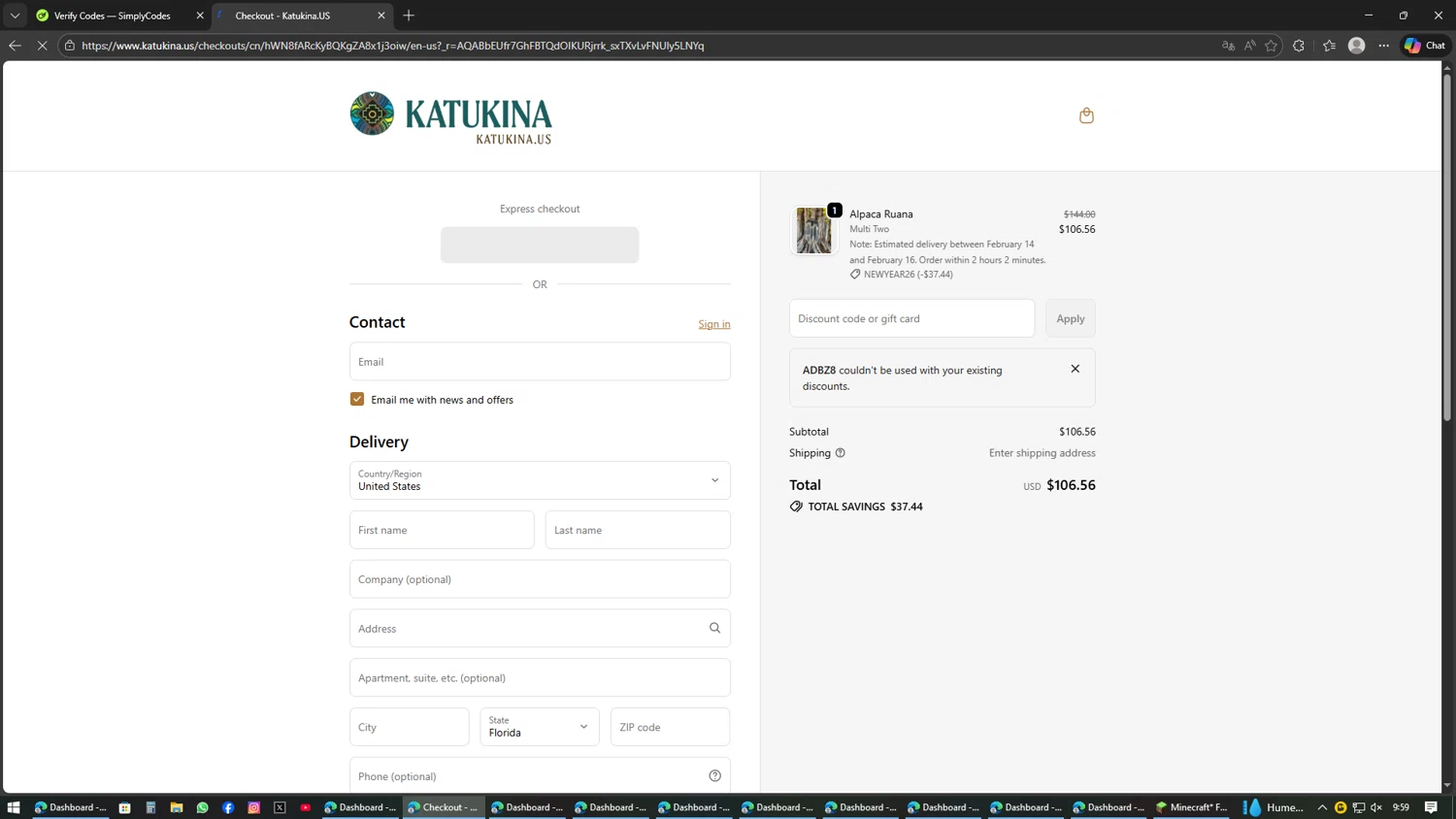 Katukina.us promo code screenshot showing code ADBZ8 applied at Katukina.us checkout page. Uploaded by SimplyCodes community member SAKURA on Feb 11, 2026