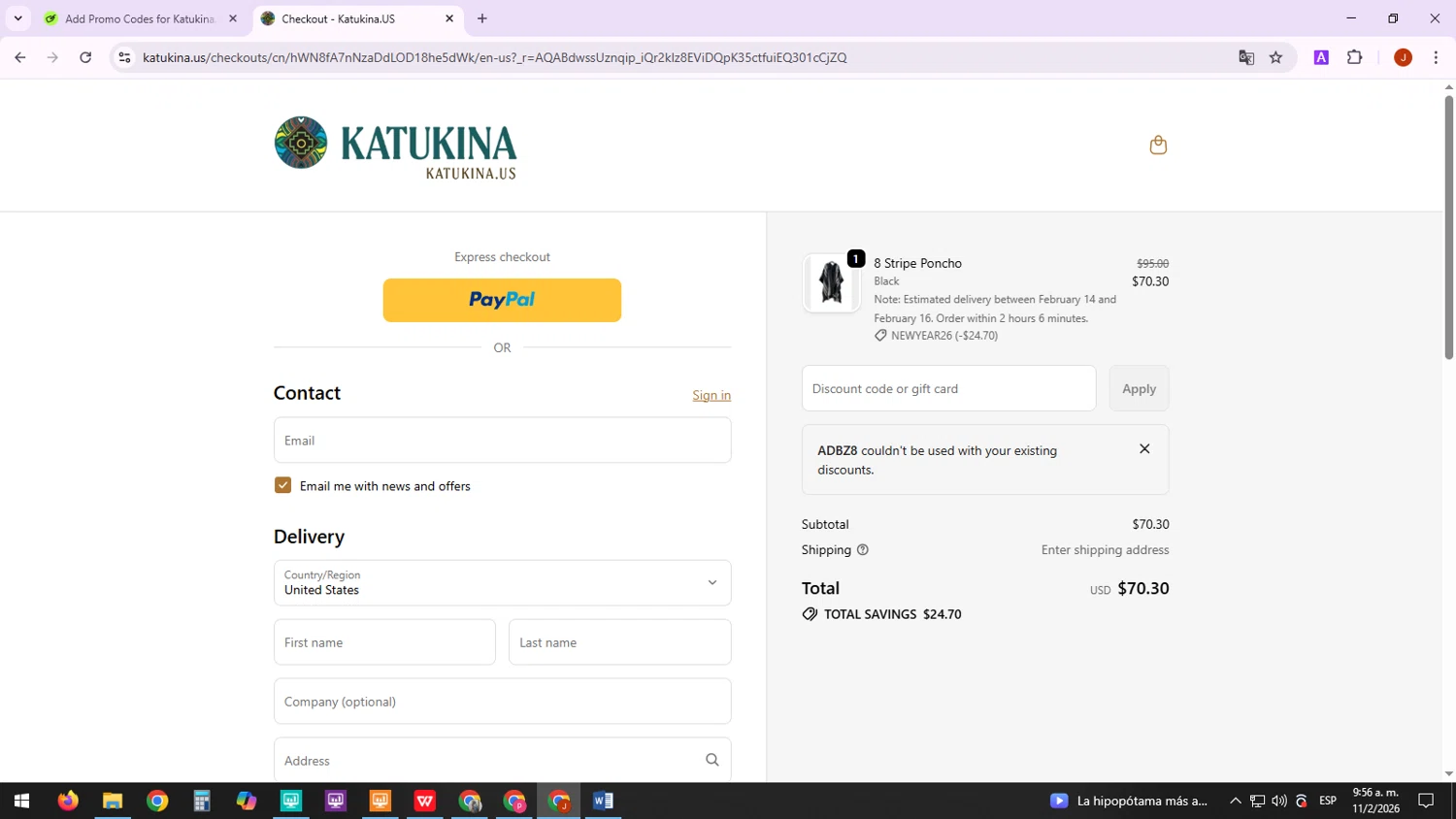 Katukina.us promo code screenshot showing code ADBZ8 applied at Katukina.us checkout page. Uploaded by SimplyCodes community member TreasureTracker4321 on Feb 11, 2026
