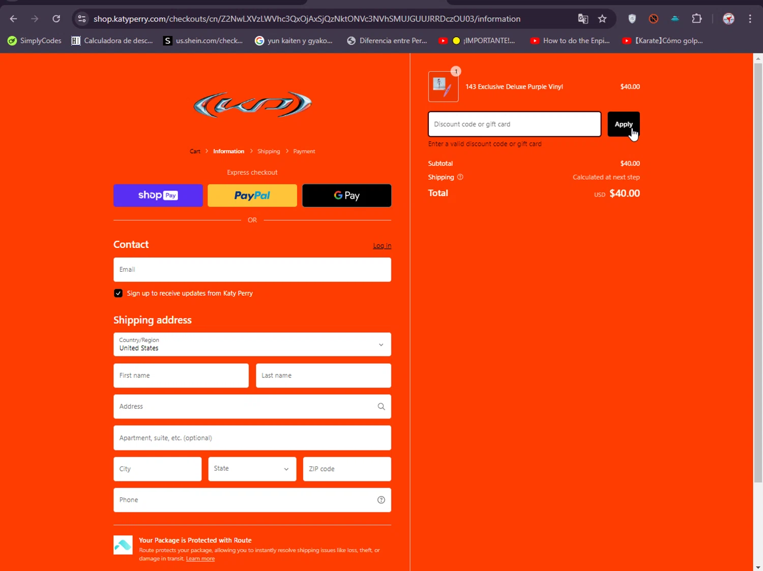 Katy Perry checkout page showing Katy Perry discount code box | Screenshot taken by SimplyCodes community member on Jul 31, 2024