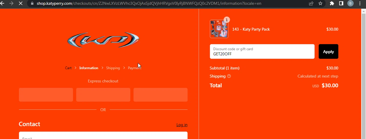 Katy Perry checkout page showing Katy Perry discount code box | Screenshot taken by SimplyCodes community member on Sep 13, 2024