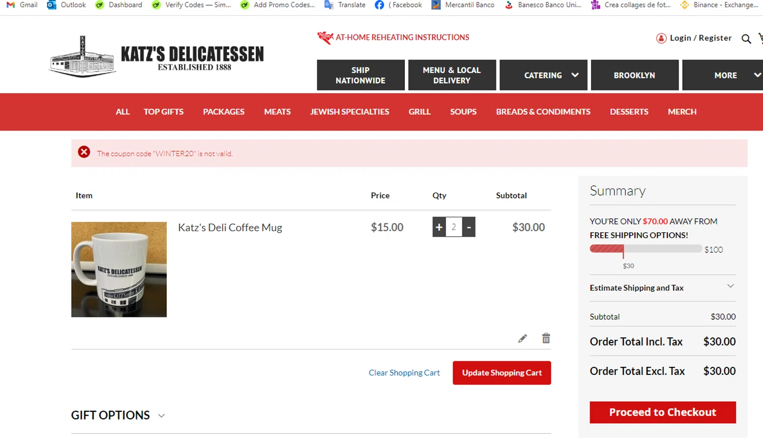 Katz's Delicatessen promo code screenshot showing code WINTER20 applied at Katz's Delicatessen checkout page. Uploaded by SimplyCodes community member yeresojperez on Feb 25, 2025
