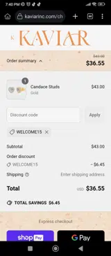 WELCOME15 coupon verification screenshot