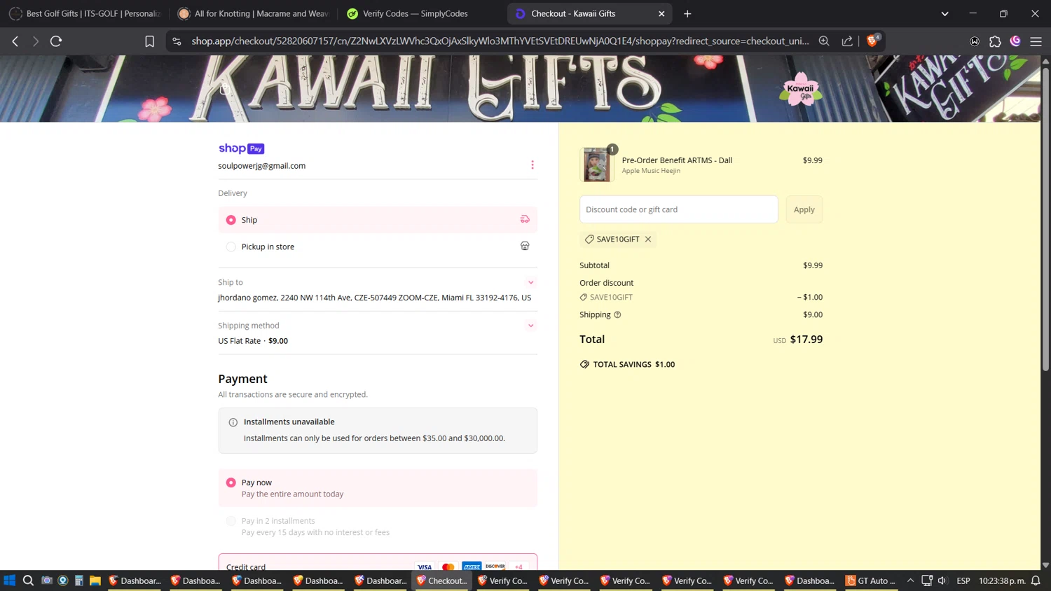 Kawaii Gifts promo code screenshot showing code SAVE10GIFT applied at Kawaii Gifts checkout page. Uploaded by SimplyCodes community member Phoenix on Jun 19, 2025