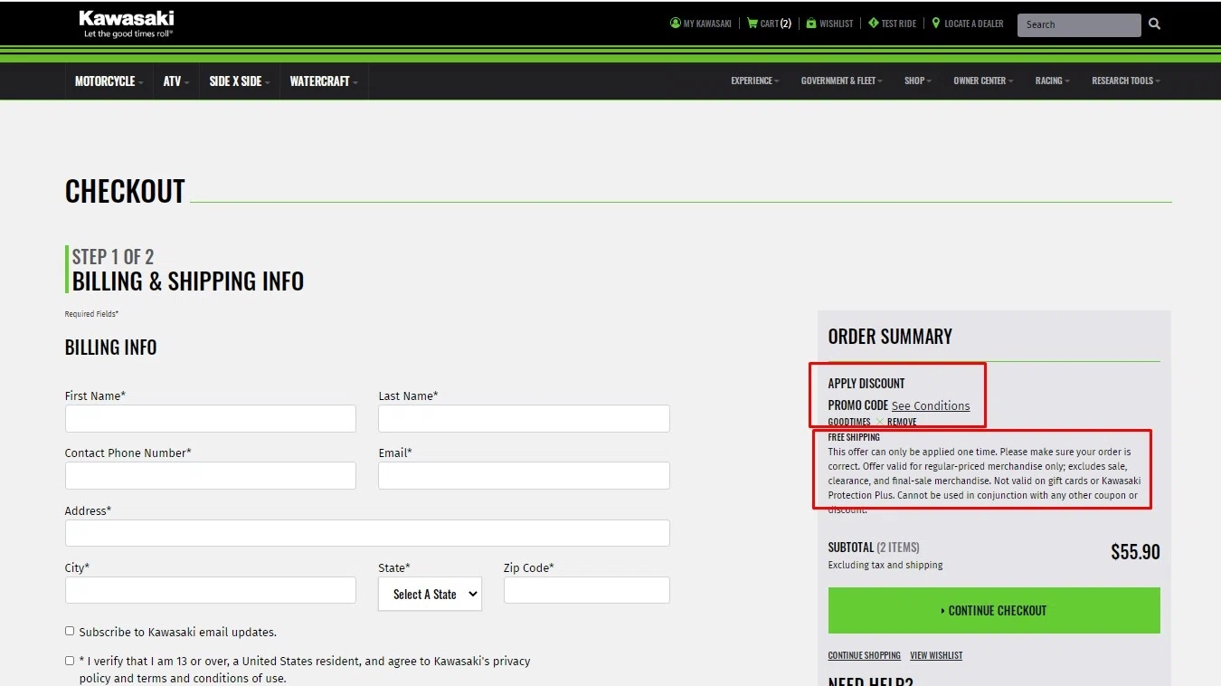 Kawasaki checkout page showing Kawasaki promo code box | Screenshot taken by SimplyCodes community member on Dec 17, 2020