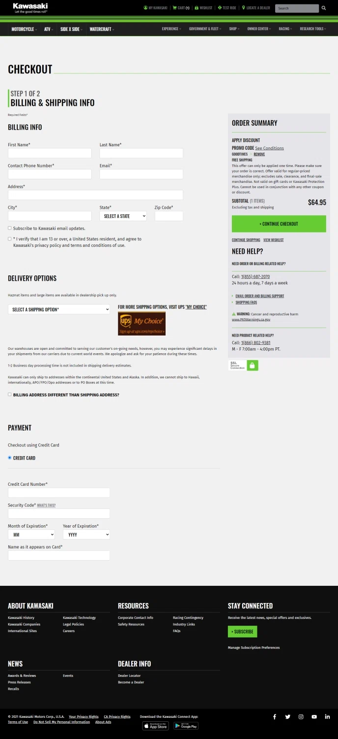Kawasaki checkout page showing Kawasaki promo code box | Screenshot taken by SimplyCodes community member on Mar 16, 2021