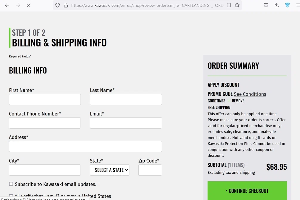 Kawasaki checkout page showing Kawasaki promo code box | Screenshot taken by SimplyCodes community member on Aug 2, 2021