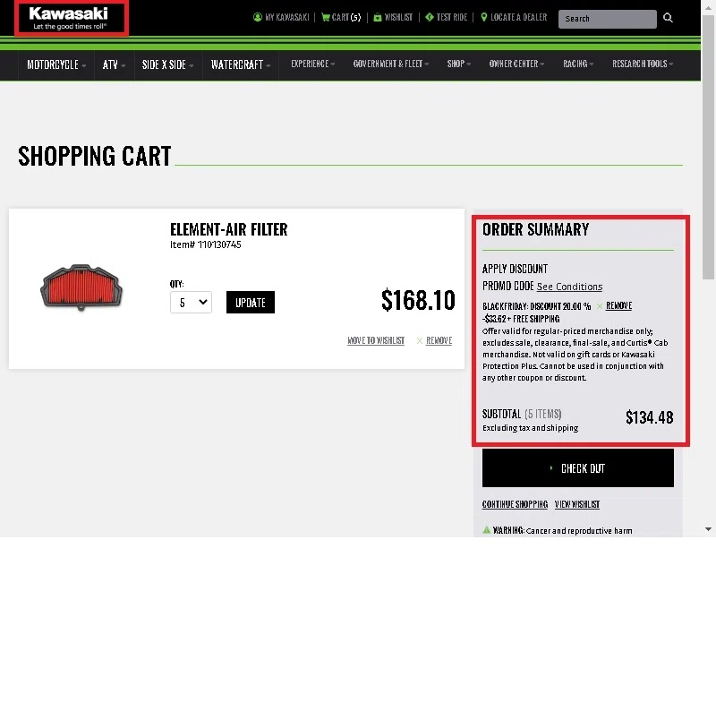 Kawasaki checkout page showing Kawasaki promo code box | Screenshot taken by SimplyCodes community member on Nov 27, 2020