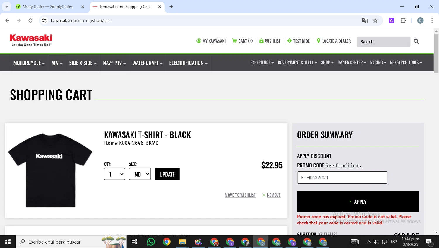 Kawasaki promo code screenshot showing code ETHIKA2021 applied at Kawasaki checkout page. Uploaded by SimplyCodes community member Alejandria on Mar 3, 2025