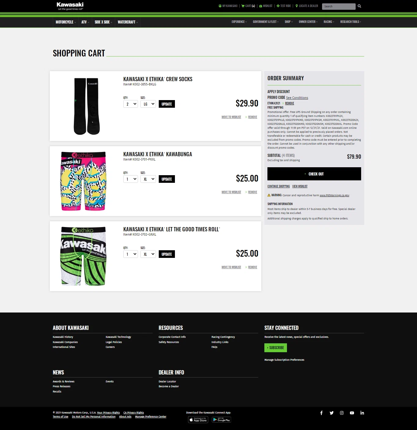 Kawasaki checkout page showing Kawasaki promo code box | Screenshot taken by SimplyCodes community member on Sep 9, 2021