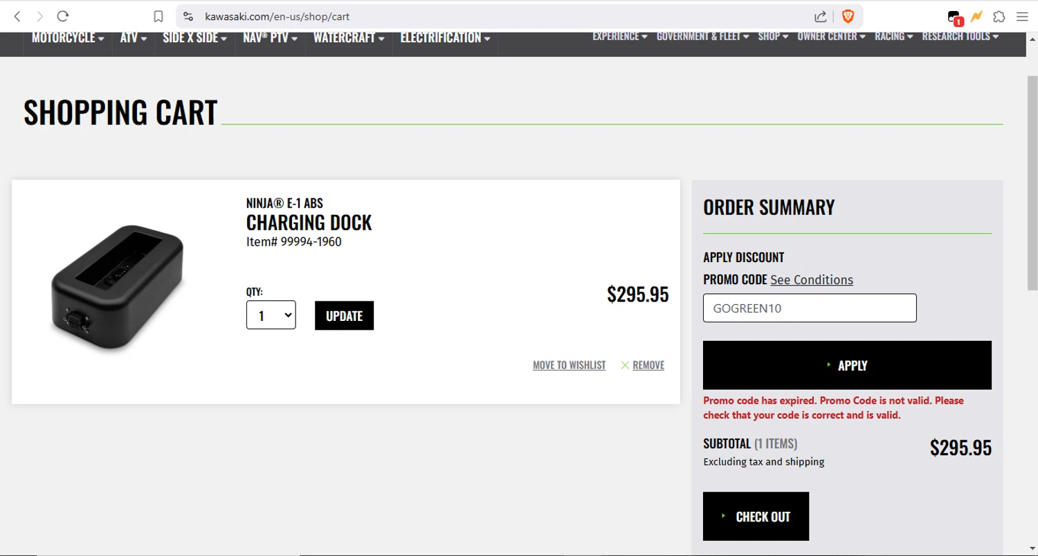 Kawasaki promo code screenshot showing code GOGREEN10 applied at Kawasaki checkout page. Uploaded by SimplyCodes community member Fabio05 on Mar 4, 2025